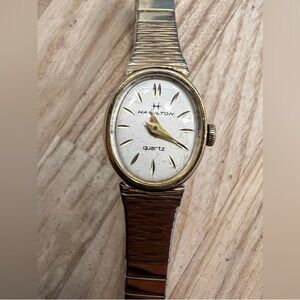 Hamilton Ladies Watch Rare Vintage Gold-Tone Case Stretch Bracelet Silver Dial